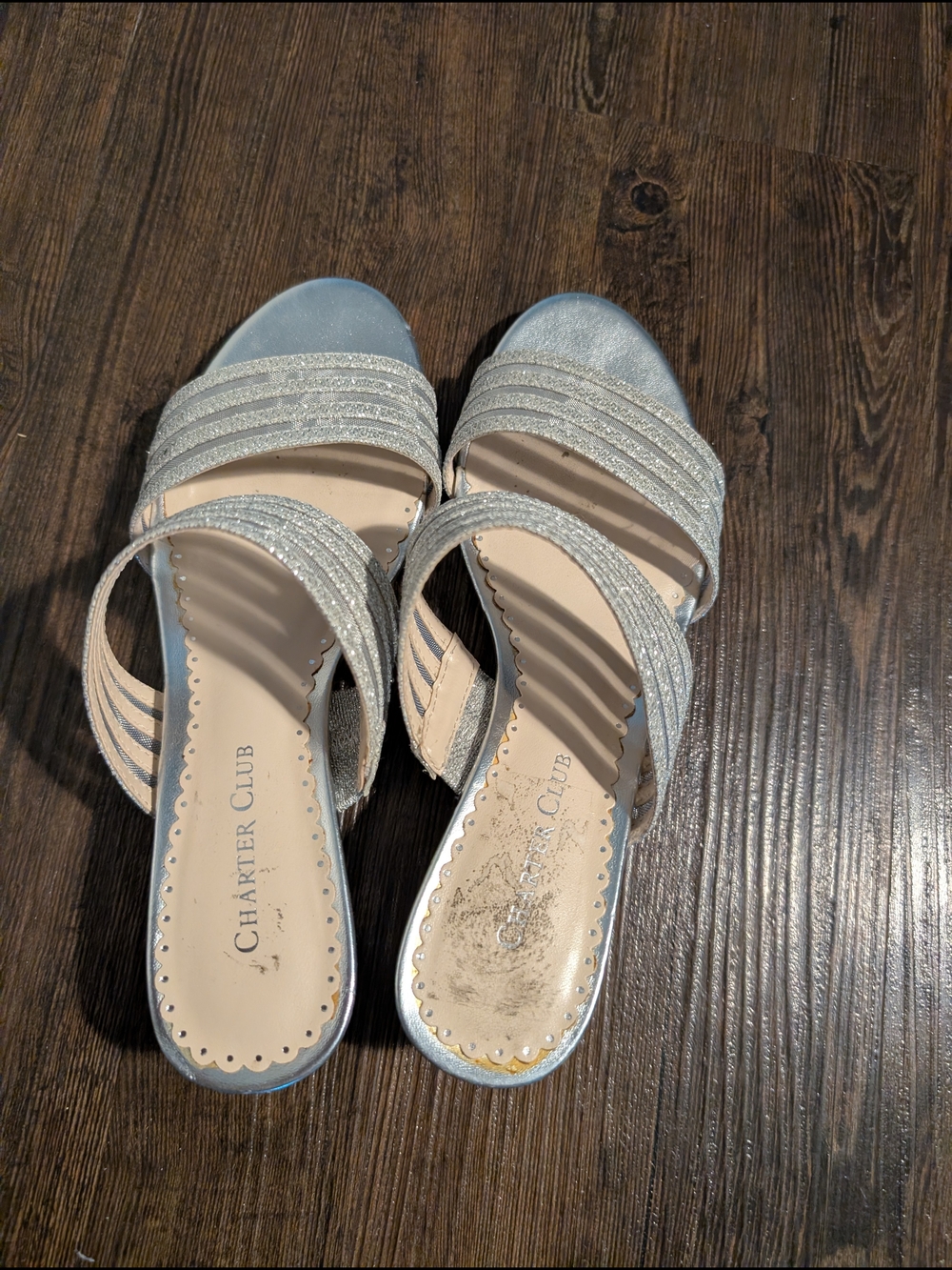 Charter Club Silver Glitter Multi-Strap Slide Sandals
